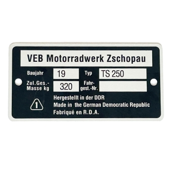 Typenschild (Rahmenplakette), MZ TS250